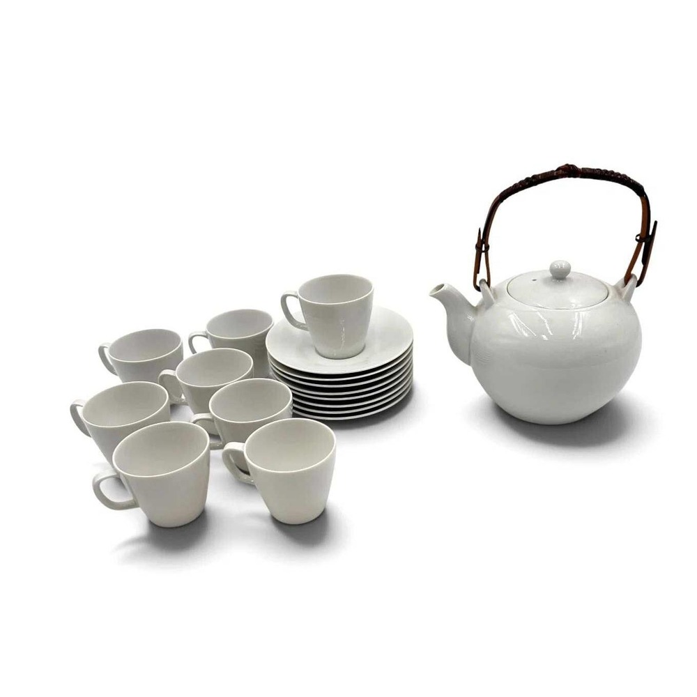 Vintage White Ceramic Tea Set Sango Majestique 8 Cups Saucers Bamboo Teapot